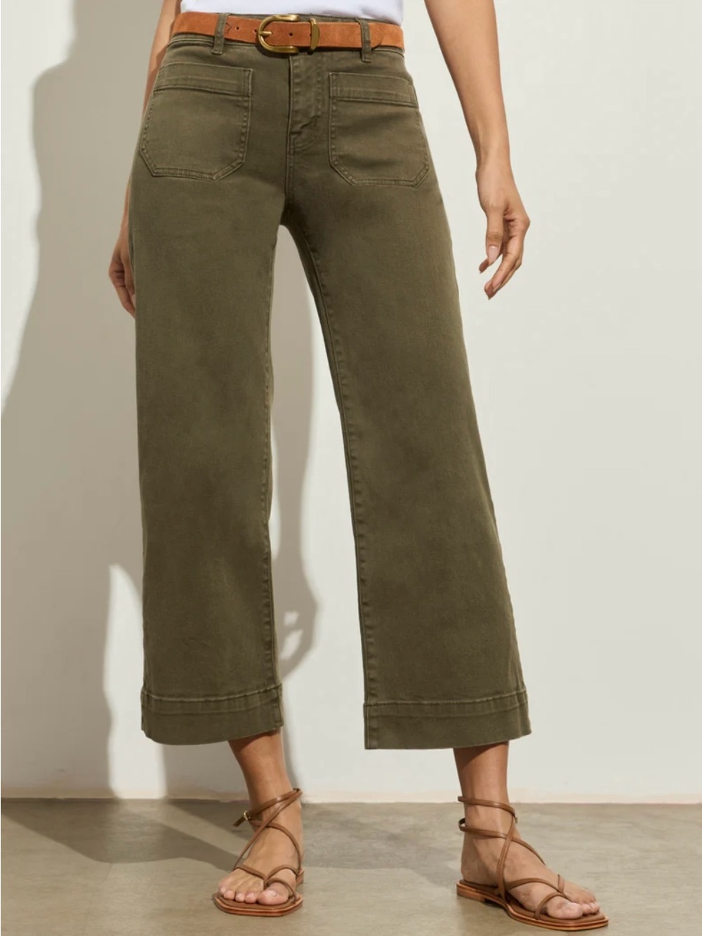Evereve Olive Green Stretchy Patch Pocket Boho Summer Cropped High Rise Trousers